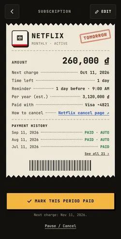 Bi subscription details shown as a receipt
